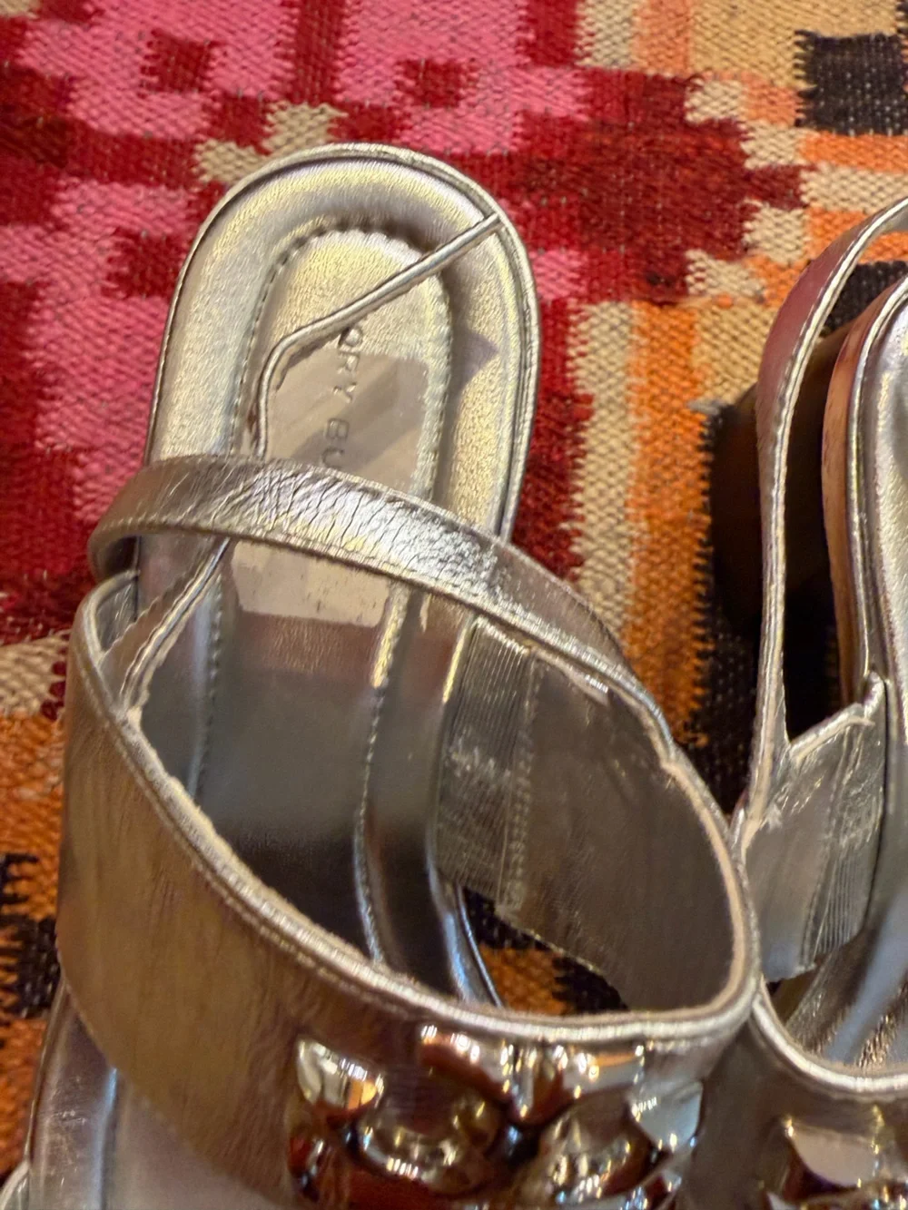 TORY BURCH silver Eleanor heel sandals excellent condition 7 1/2